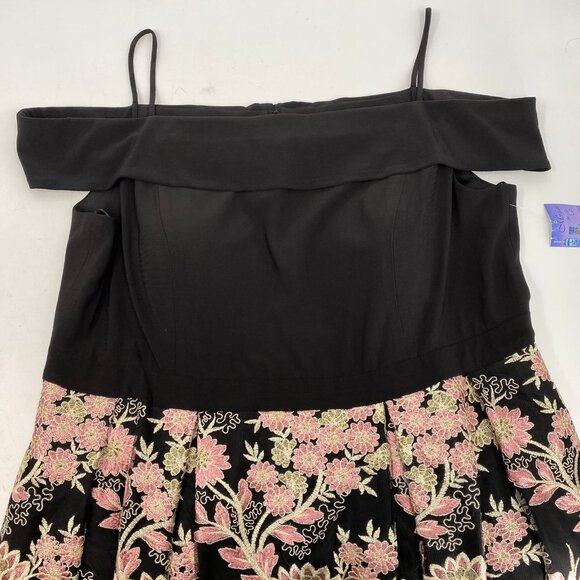 Morgan & Co. Black Pink Embroidered Tulle Off the Shoulder Mini Dress | Size 20W - Picture 5 of 9